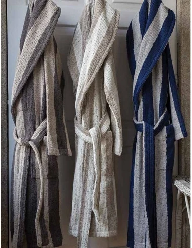 Albornoz rayas con solapa 100% algodón color azul, beige, marrón