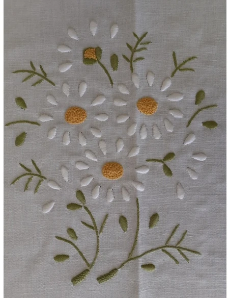180x350 Mantel de lino Bordado A Mano - Mantel bordado con hilo / Margaritas
