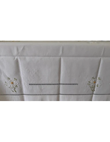 180x350 Mantel de lino Bordado A Mano - Mantel bordado con hilo / Margaritas