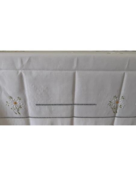 180x350 Mantel de lino Bordado A Mano - Mantel bordado con hilo / Margaritas