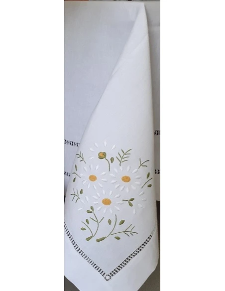 180x350 Mantel de lino Bordado A Mano - Mantel bordado con hilo / Margaritas