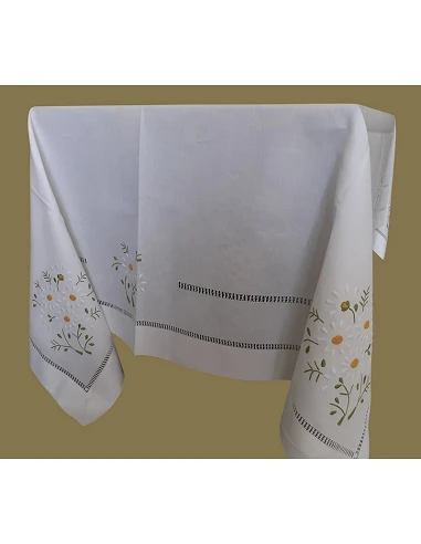 180x350 Mantel de lino Bordado A Mano - Mantel bordado con hilo / Margaritas