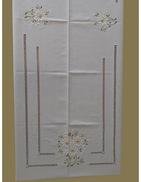 180x350 Mantel de lino Bordado A Mano - Mantel bordado con hilo / Margaritas