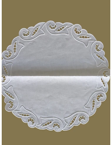 42 cm - Mantel individual redondo 100% lino bordado a mano