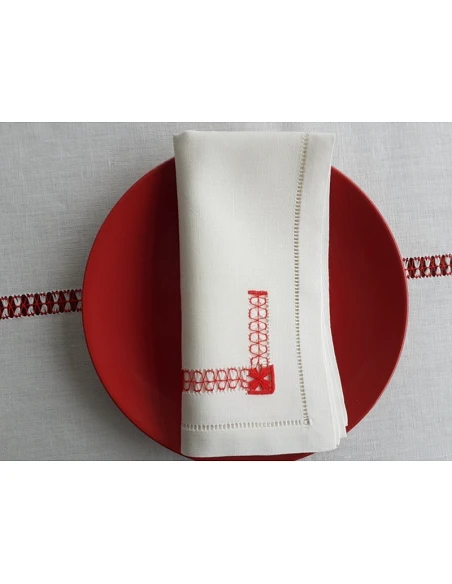 Manteles de lino Bordado A Mano - Mantel bordado a rojo para Navidad