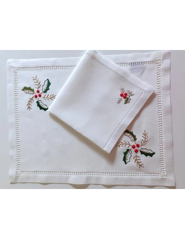 Mantel individual de lino + servilleta de lino - Bordado A Mano de Navidad