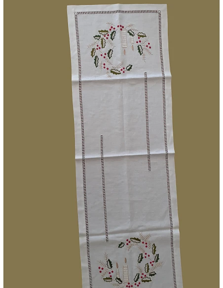 50x150 cm- Camino de mesa 100% lino - Bordado A Mano de Navidad