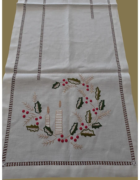 50x150 cm- Camino de mesa 100% lino - Bordado A Mano de Navidad