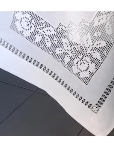 170x270 Toalha de mesa de linho bordada a mão - Ponto de crivo a mão