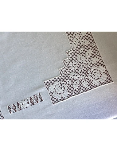 170x270 Toalha de mesa de linho bordada a mão - Ponto de crivo a mão