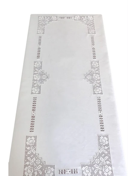 170x270 Toalha de mesa de linho bordada a mão - Ponto de crivo a mão