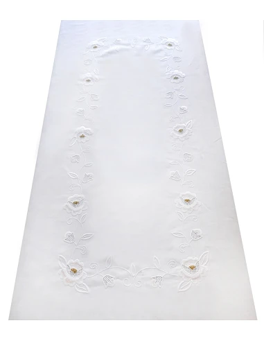 170x270 Toalha de mesa de linho bordada a mão - Bainha de linhas G. Algodão / Seda / Dourado