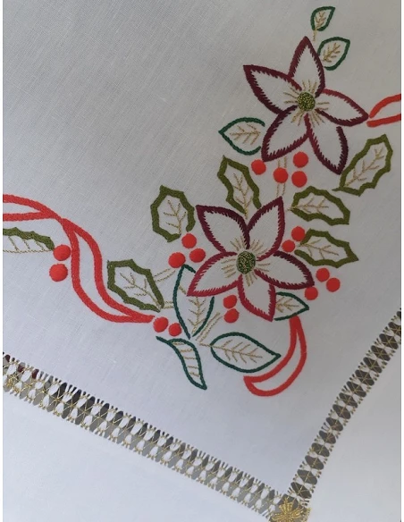 190x350 Toalha de mesa de linho bordada a mão -  bordados da lixa - Creative Azevinho / Acebo