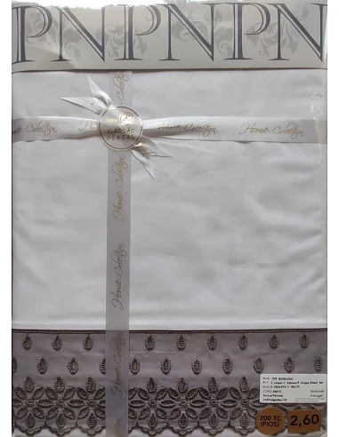 JUEGO DE SÁBANAS C/ PUNTILLA 100% ALGODÓN PERCAL COLOR BLANCO C/ PUNTILLA GRIS