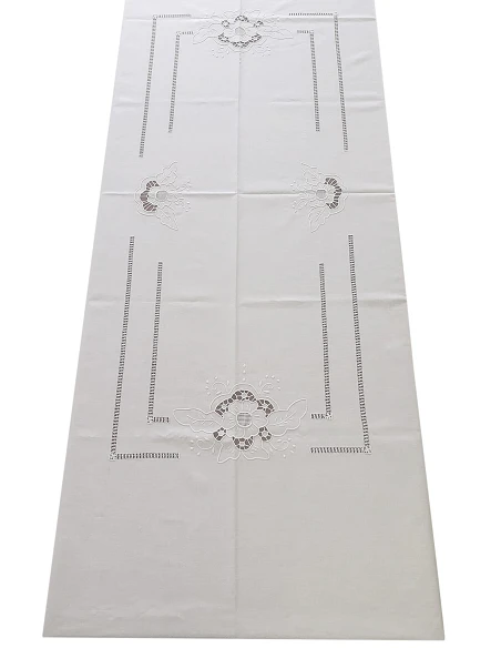 175x275 Mantel de lino Bordado A Mano - Mantel bordado con hilo / Richelieu Bainha Aberta